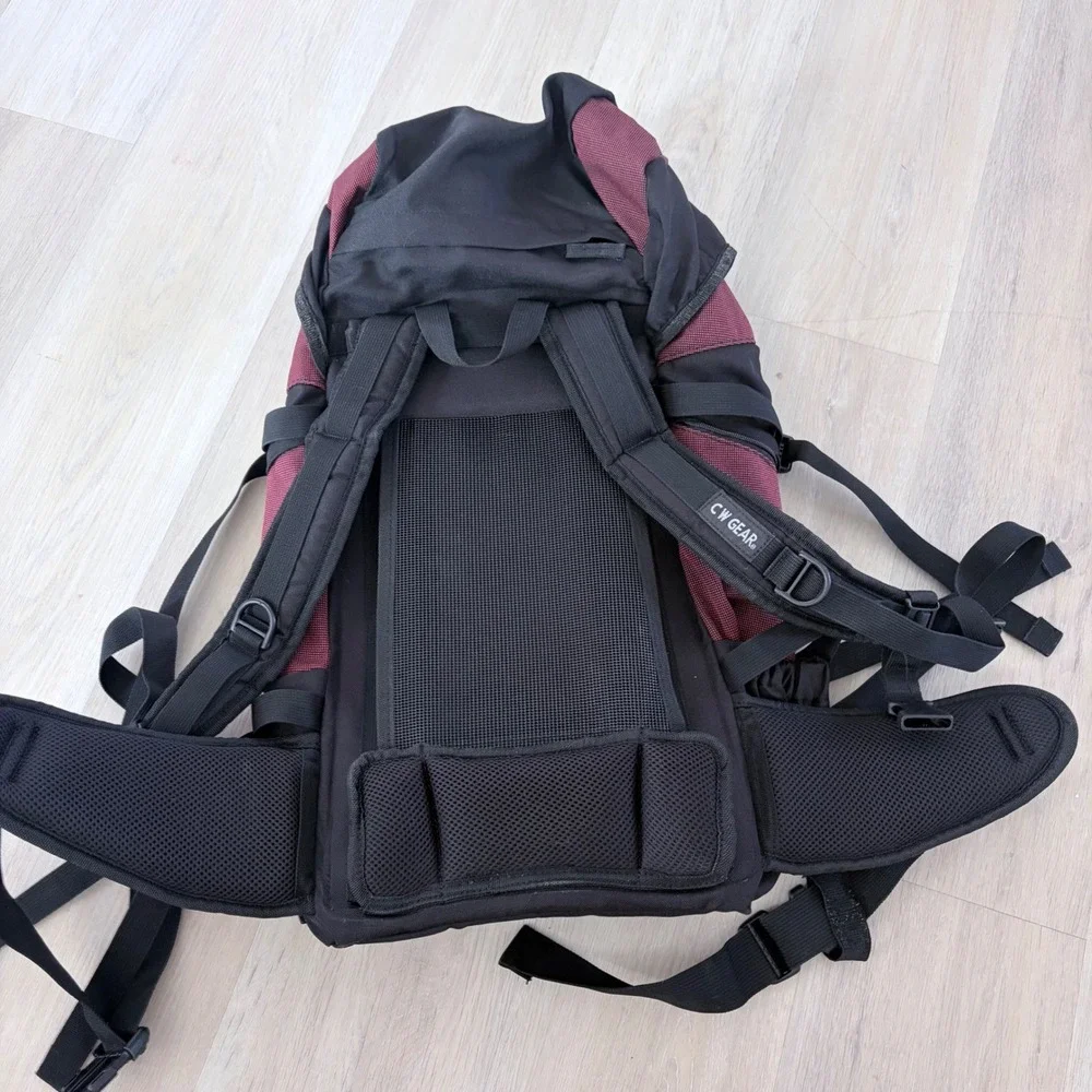 CW Gear Hiking Backpack Black Burgundy Padded Waist Belt Outdoor Rucksack